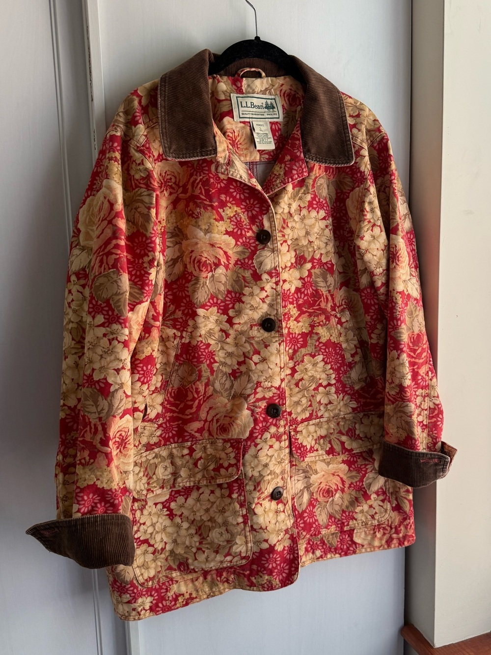 EUC L.L. Bean Red and Cream Floral Barn Jacket w/ Brown Corduroy Trim size Large